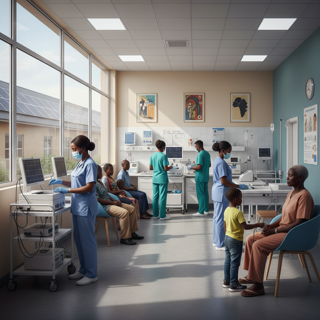 Healthcare clinic in Tanzania with community members and medical staff in rural setting