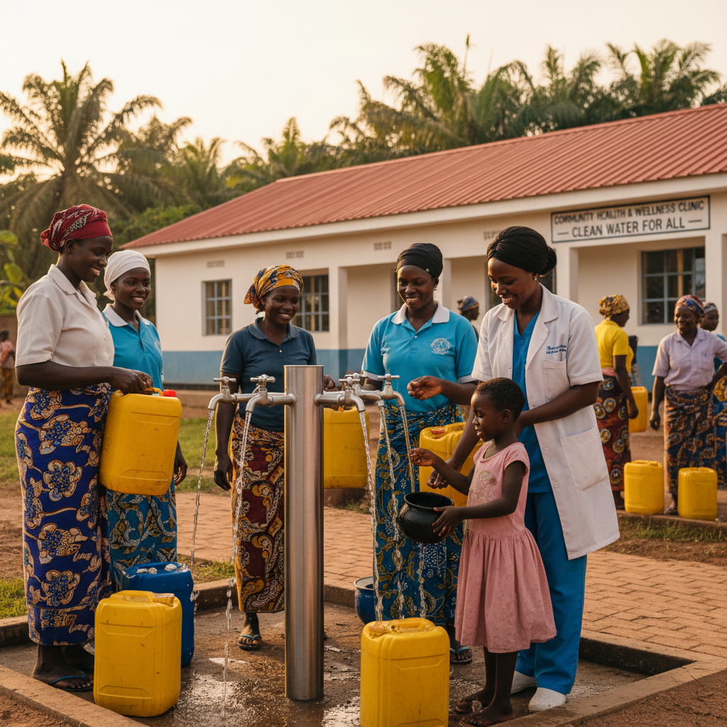 African clinic water access point with healthcare workers and community members collecting clean water