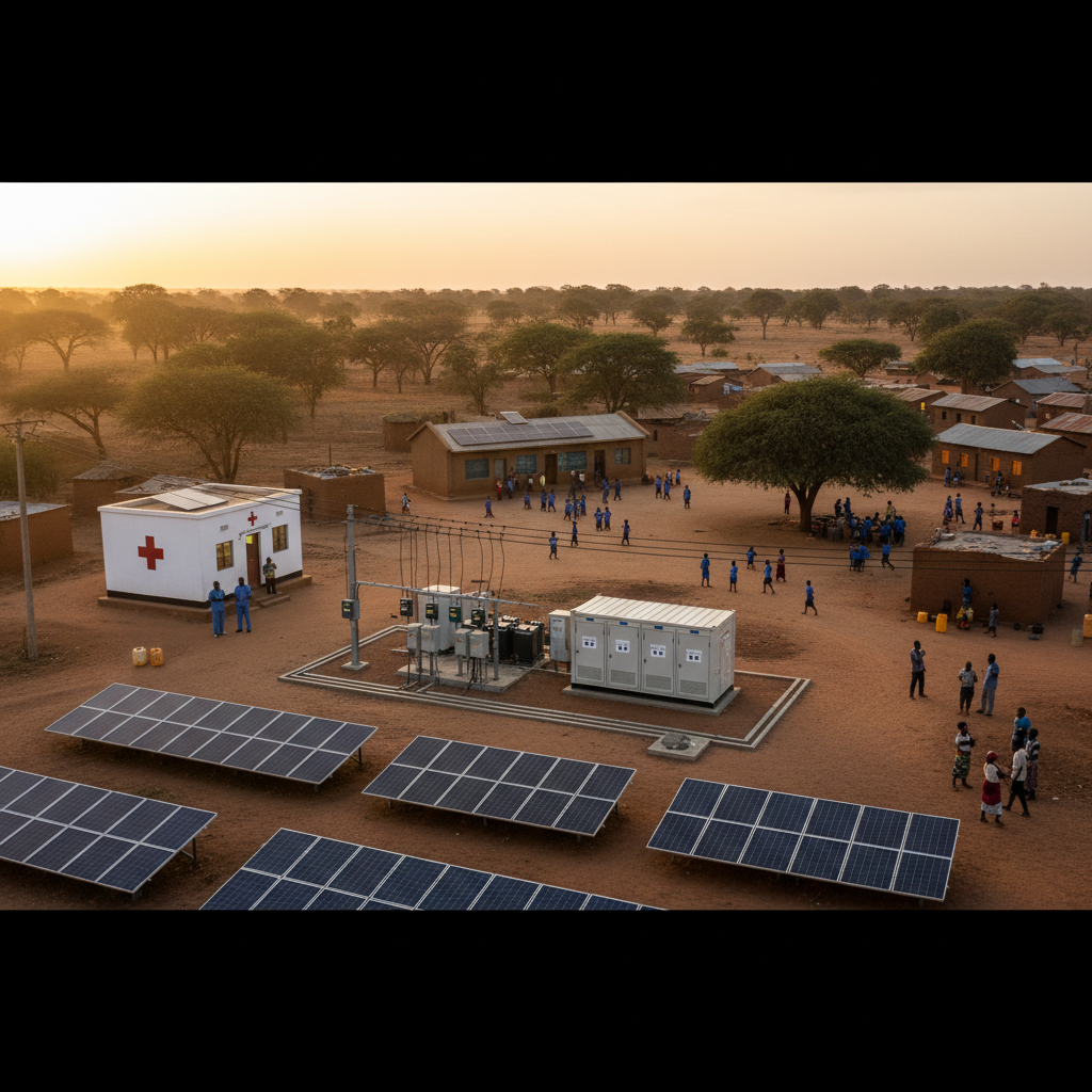Rural African community with solar mini-grid infrastructure powering clinic, school, and local buildings with visible solar arrays and distribution systems