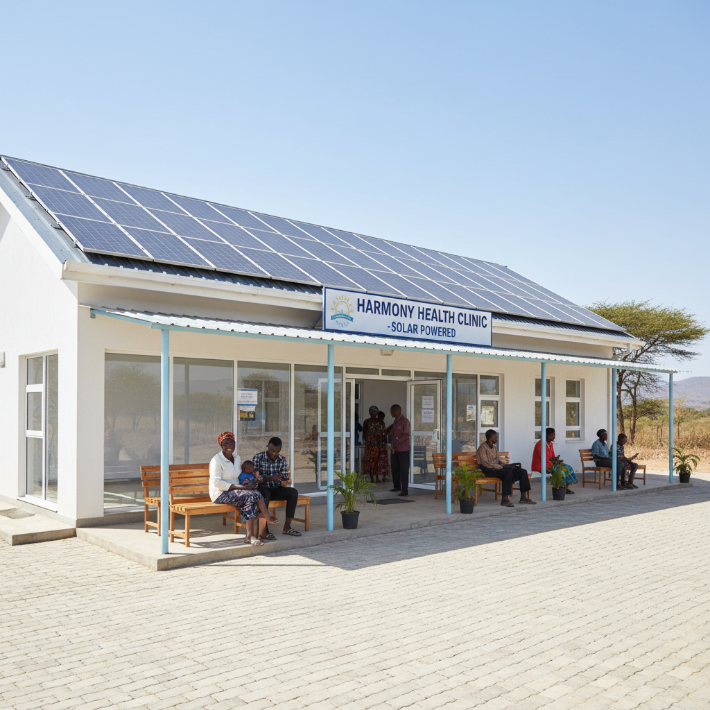 Patients waiting outside a modern solar-powered clinic in Africa with visible solar panels on roof, covered waiting area, and contemporary healthcare facility design