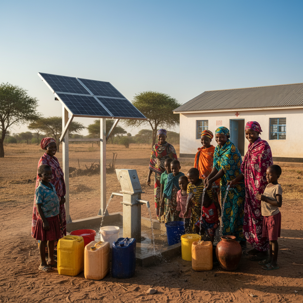 Solar-powered water pump installation near African rural clinic with community members accessing clean water